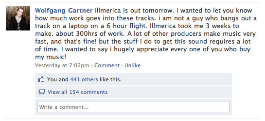 Wolfgang Gartner on Facebook talks about buying his music, not (just) downloading it for free